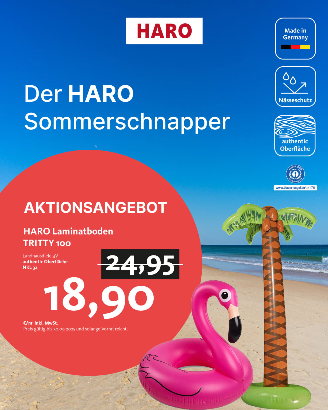 Sparen mit HARO Laminatboden Tritty 100 - Sommerschnapper Rabatte Aktionsbild HARO Laminatboden mit Flamingo Schwimmring am Strand