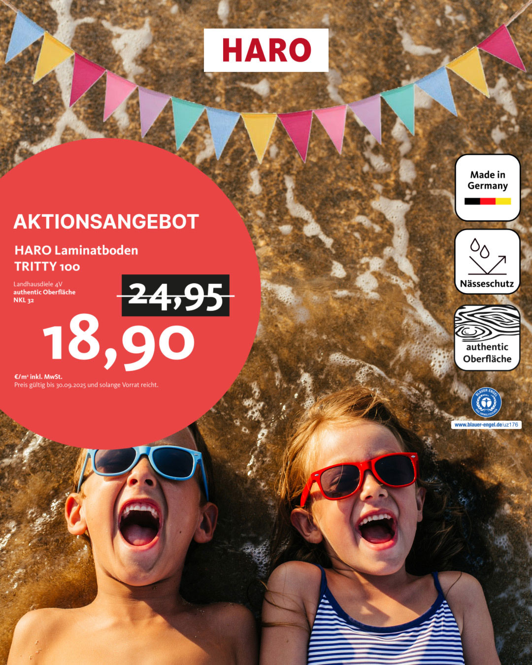 Sparen mit HARO Laminatboden Trity 100 - Sommerschnapper Rabatte Titelbild Kinder liegen am Strand im Wasser